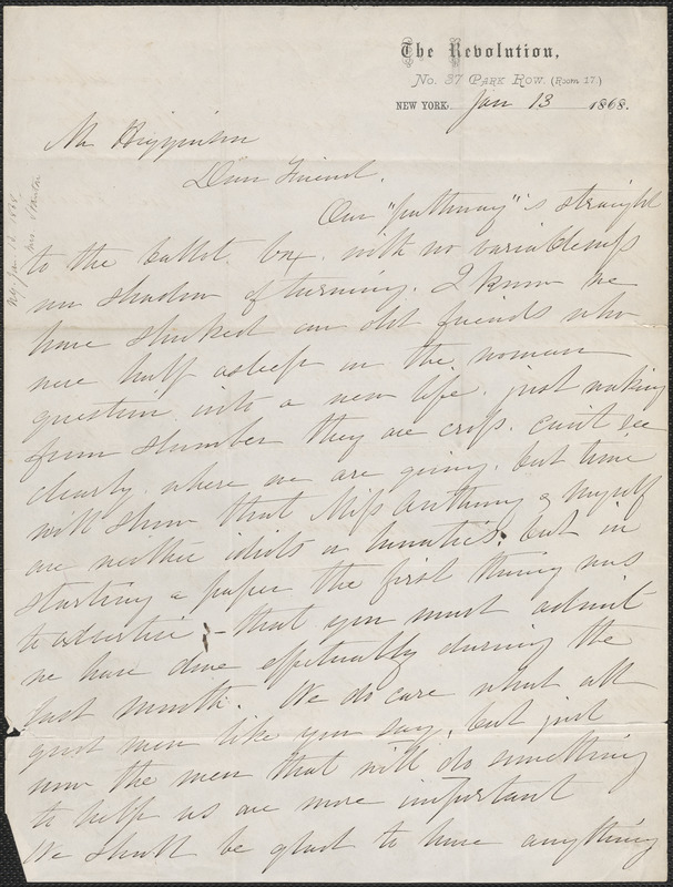 Elizabeth Cady Stanton autograph letter signed to Thomas Wentworth Higginson, New York, 13 January 1868