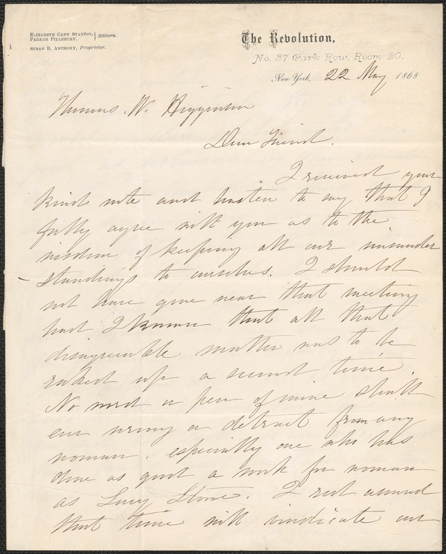 Elizabeth Cady Stanton autograph letter signed to Thomas Wentworth Higginson, New York, 22 May 1868