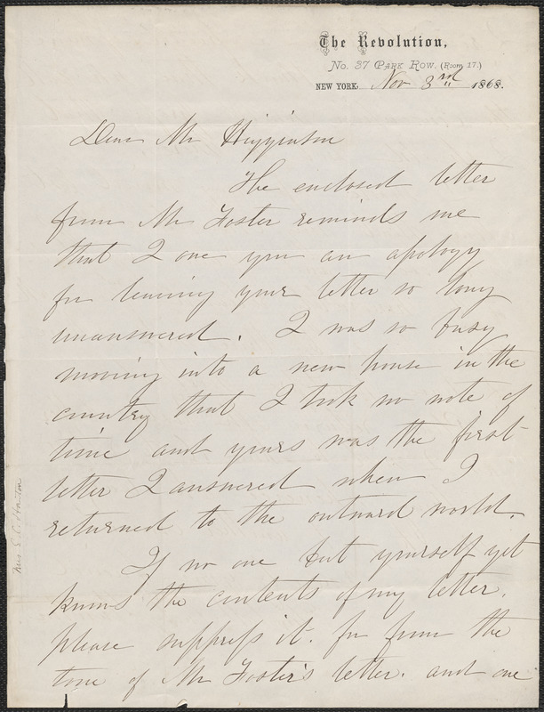 Elizabeth Cady Stanton autograph letter signed to [Stephen Symonds] Foster, New York, 3 November 1868