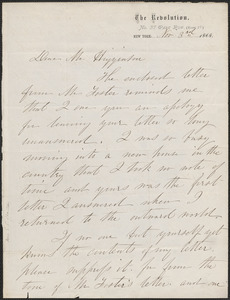 Elizabeth Cady Stanton autograph letter signed to [Stephen Symonds] Foster, New York, 3 November 1868