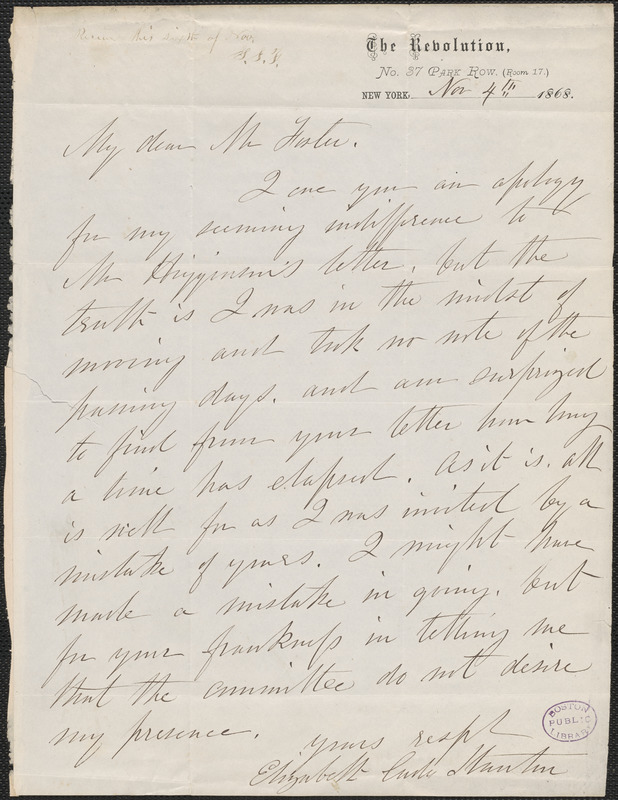 Elizabeth Cady Stanton autograph note signed to [Stephen Symonds] Foster, New York, 4 November 1868
