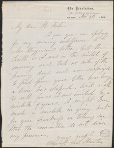 Elizabeth Cady Stanton autograph note signed to [Stephen Symonds] Foster, New York, 4 November 1868