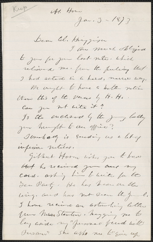 Lucy Stone autograph letter signed to Thomas Wentworth Higginson, 3 January 1873