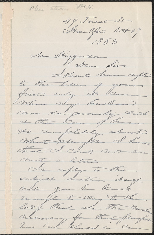 Harriet Beecher Stowe autograph letter signed to Thomas Wentworth Higginson, Hartford, Conn., 19 October 1883