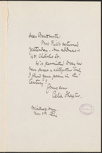 Celia Thaxter autograph note signed to Thomas Wentworth Higginson, [Boston], 8 November 1882
