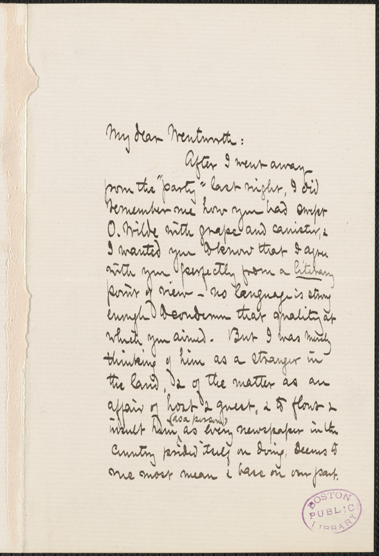 Celia Thaxter autograph letter signed to Thomas Wentworth Higginson, Boston, 21 October 1882
