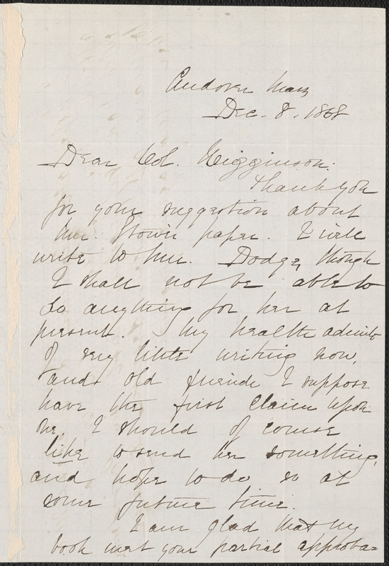 Elizabeth Stuart Phelps Ward autograph letter signed to Thomas Wentworth Higginson, Andover, Massachusetts, 8 December 1868