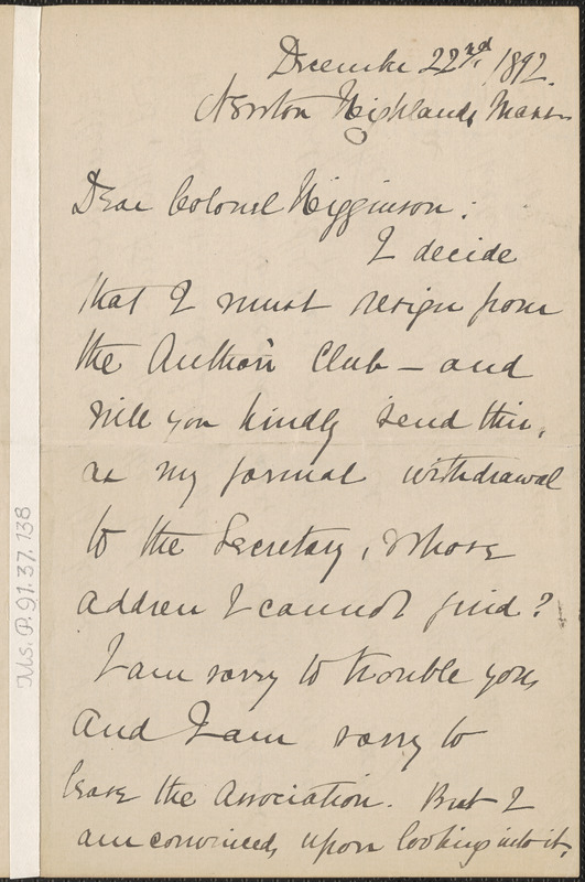 Elizabeth Stuart Phelps Ward autograph letter signed to Thomas Wentworth Higginson, Newton Highlands, Mass., 22 December 1892