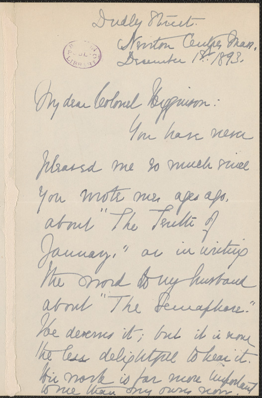 Elizabeth Stuart Phelps Ward autograph letter signed to Thomas Wentworth Higginson, Newton Centre, 1 December 1893