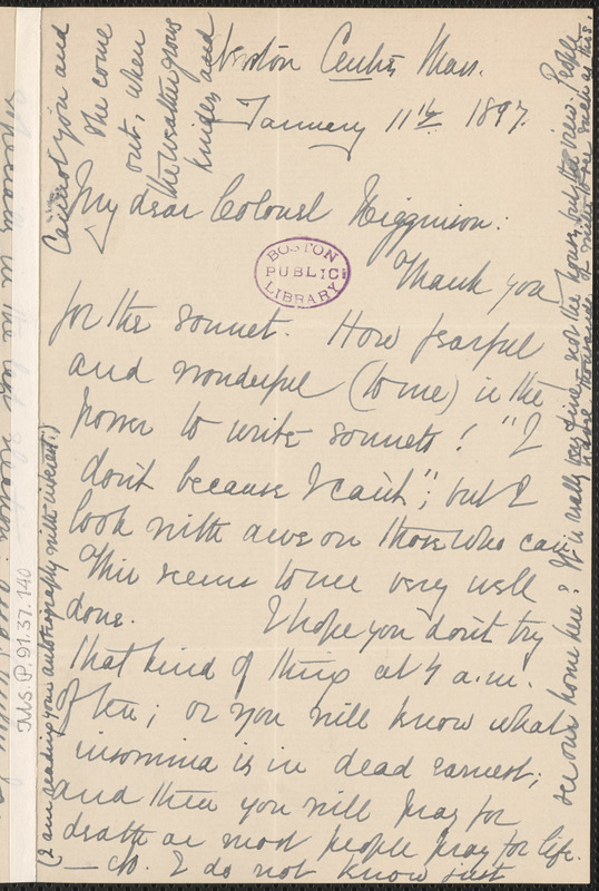 Elizabeth Stuart Phelps Ward autograph letter signed to Thomas Wentworth Higginson, Newton Centre, 11 January 1897