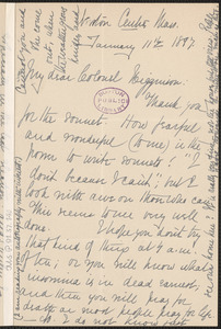 Elizabeth Stuart Phelps Ward autograph letter signed to Thomas Wentworth Higginson, Newton Centre, 11 January 1897
