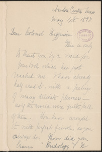 Elizabeth Stuart Phelps Ward autograph letter signed to Thomas Wentworth Higginson, Newton Centre, Mass., 4 May 1897