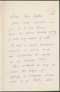 Kate Gannett Wells autograph note signed to Mrs. Talbot, New York