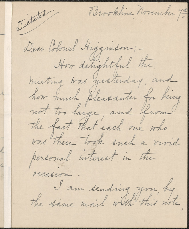 Eliza Orne White manuscript note signed to Thomas Wentworth Higginson, Brookline, Mass., 7 November