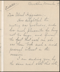 Eliza Orne White manuscript note signed to Thomas Wentworth Higginson, Brookline, Mass., 7 November
