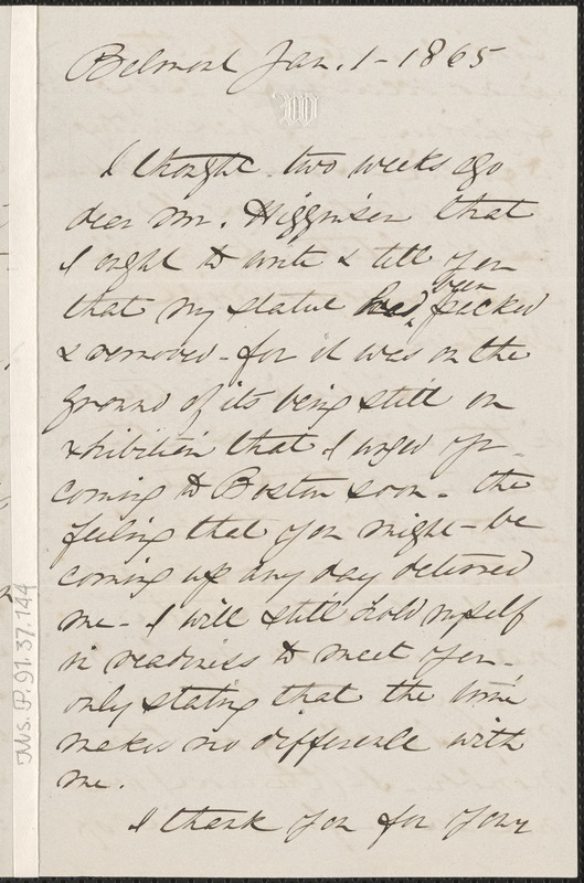 Anne Whitney autograph letter signed to Thomas Wentworth Higginson, Belmont, Mass., 1 January 1865