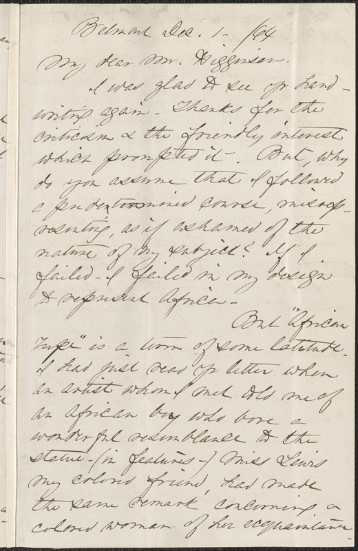 Anne Whitney autograph letter signed to Thomas Wentworth Higginson, Belmont, Mass., 1 December 1864