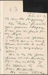 Ella Wheeler Wilcox autograph note signed to Thomas Wentworth Higginson, New York, 22 December 1896