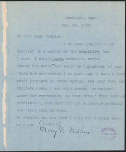 Mary Eleanor Wilkins Freeman typed note signed to Miss Winslow, Randolph, Mass., 25 January 1900