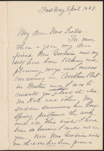 Kate Tannatt Woods autograph letter signed to Annie (Adams) Fields, [Boston?], April 1883