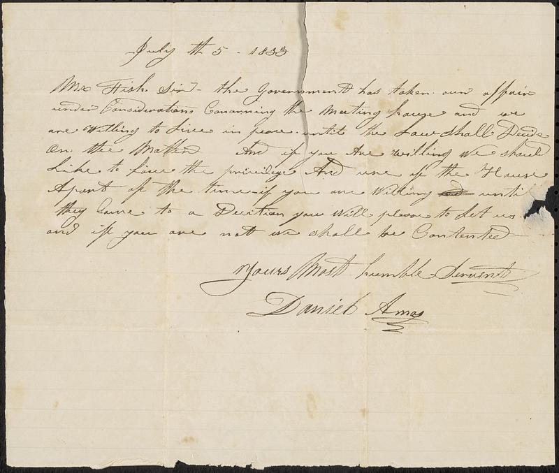 Mashpee Revolt, 1833-1834 - Letter from Daniel Amos to Phineas Fish, July 5, 1833