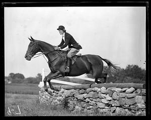 Horse and rider jumping over a low stone wall