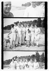 Group portraits near pond or beach including Maude Sanromá