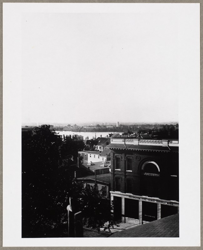Aerial, southeasterly, towards Spy Pond from roof of Old Town Hall on Mass. Ave. opposite Pleasant Street