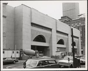 Construction of Boylston Building, Boston Public Library, cement mixer in front of Boylston Street façade