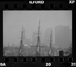 USS Constitution & skyline from Charlestown, downtown Boston