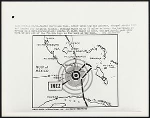Miami: Hurricane Inez, after battering the Bahamas, charged course 10/4 and headed for southern Florida. Packing winds up to 85 miles an hour, the hurricane is moving on a west-southwesterly course at eight miles an hour. The eye should pass over most if not all of the Florida Keys as far west as Key West.