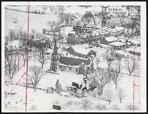 Cape Hard Hit By Storm -- This is an aerial view of the center of Falmouth yesterday showing a church and many homes still surrounded completely by snow. The Cape along with the rest of New England was hit by the two big blizzards.