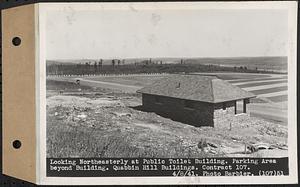 Contract No. 107, Quabbin Hill Recreation Buildings and Road, Ware, looking northeasterly at public toilet building, parking area beyond building, Ware, Mass., Apr. 8, 1941