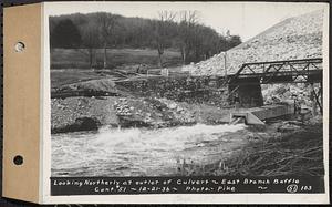 Contract No. 51, East Branch Baffle, Site of Quabbin Reservoir, Greenwich, Hardwick, looking northerly at outlet of culvert, east branch baffle, Hardwick, Mass., Dec. 21, 1936