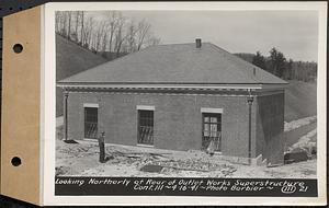 Contract No. 111, Winsor Dam Outlet Works Superstructure, Belchertown, looking northerly at rear of outlet works superstructure, Belchertown, Mass., Apr. 16, 1941