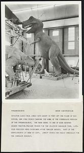 Tyrannosaurus Under Construction Sculptor Louis Paul Jonas sits about 18 feet off the floor of his Hudson, New York studio shaping the nose of the fiberglass replica of the tyrannosaurus. The huge model is one of nine mounted aboard tractor-trailer trucks for the 18-state dinosaur tour. Lifesize replicas were fashioned after smaller models. Part of the ankylosaurus is seen at left. Jonas' studio was built specially for the Sinclair Exhibit.