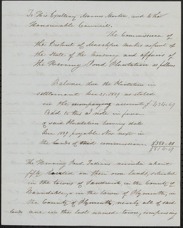 Herring Pond - Report Concerning Treasury and Affairs, March 1840