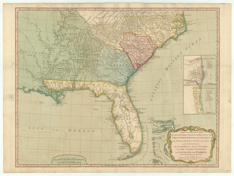 A new and general map of the southern dominions belonging to the United States of America, viz: North Carolina, South Carolina and Georgia: with the bordering Indian countries, and the Spanish possessions of Louisiana and Florida