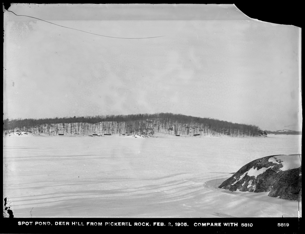 Distribution Department, Low Service Spot Pond Reservoir, Deer Hill from Pickerel Rock (compare with No. 5810), Stoneham, Mass., Feb. 2, 1905