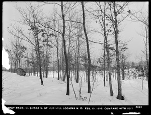 Distribution Department, Low Service Spot Pond Reservoir, westerly shore south of Hub Hill, looking northeasterly (compare with No. 5817), Stoneham, Mass., Feb. 10, 1905