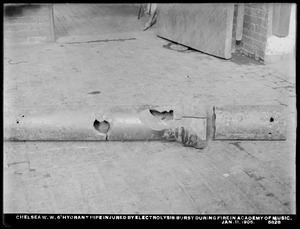Electrolysis, Chelsea Water Works, 6-inch hydrant pipe injured by electrolysis; burst during fire in Academy of Music, Chelsea, Mass., Jan. 11, 1905