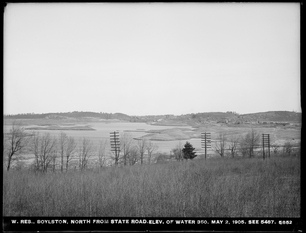 Wachusett Reservoir, northerly from State Road, elevation of water 350 (compare with No. 5487), Boylston, Mass., May 2, 1905