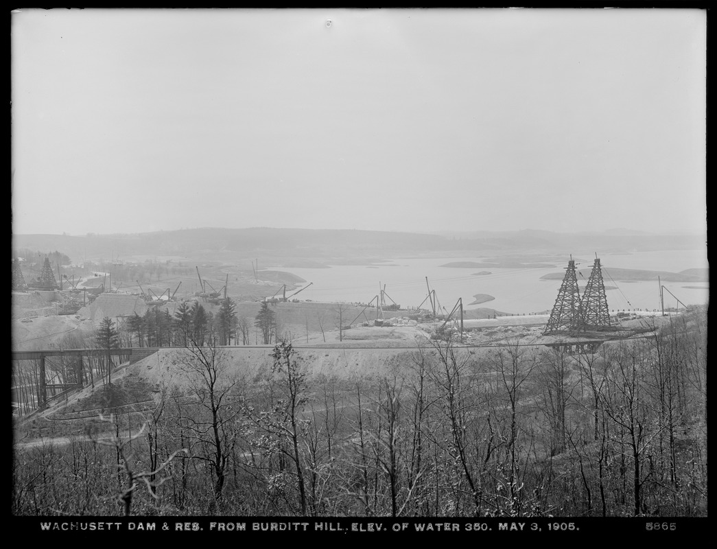 Wachusett Dam, dam and reservoir from Burditt Hill, elevation of water