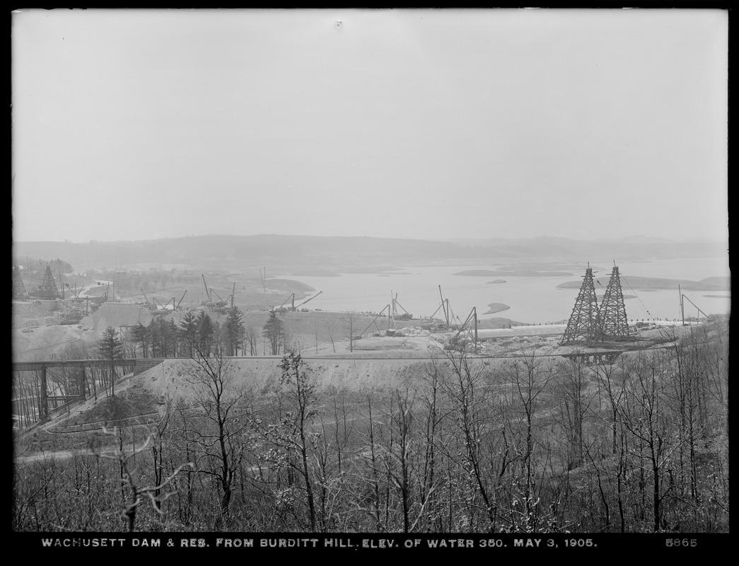 Wachusett Dam, dam and reservoir from Burditt Hill, elevation of water 350, Clinton, Mass., May 3, 1905