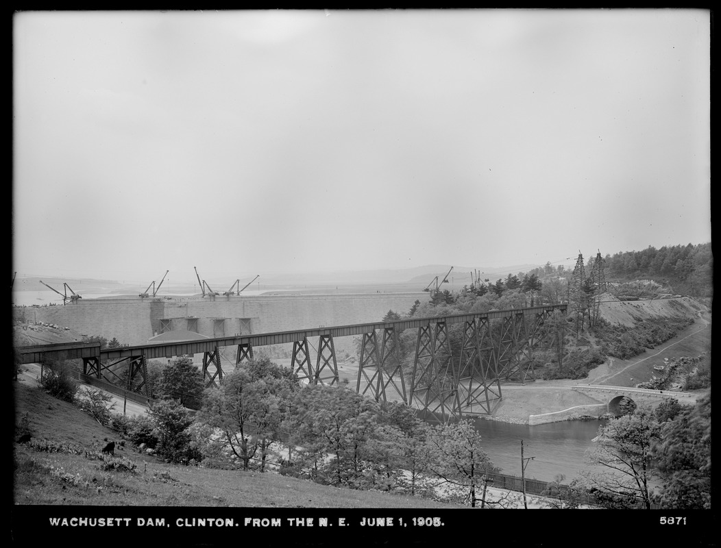 Wachusett Dam, from the northeast, with viaduct and highway bridge, Clinton, Mass., Jun. 1, 1905