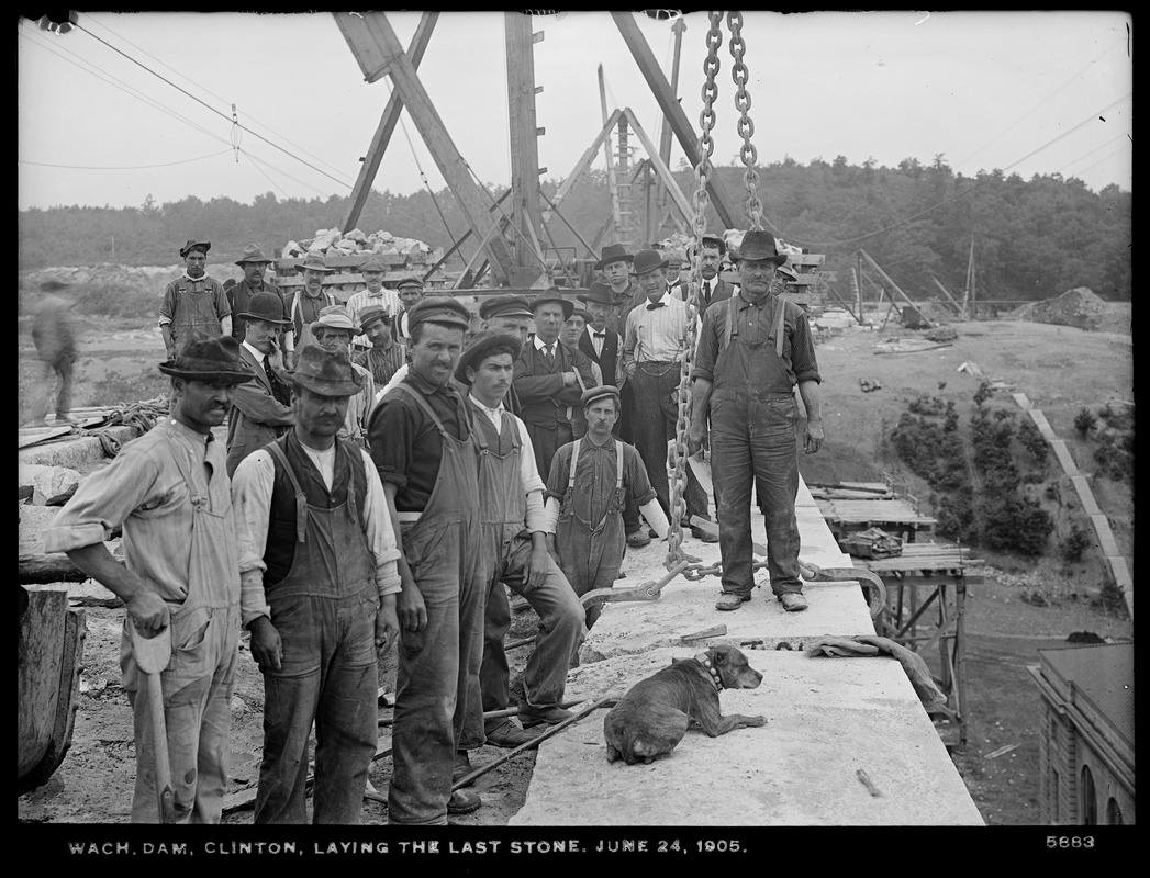 Wachusett Dam, laying the last stone, laid by John Mercer, laborer, Clinton, Mass., Jun. 24, 1905