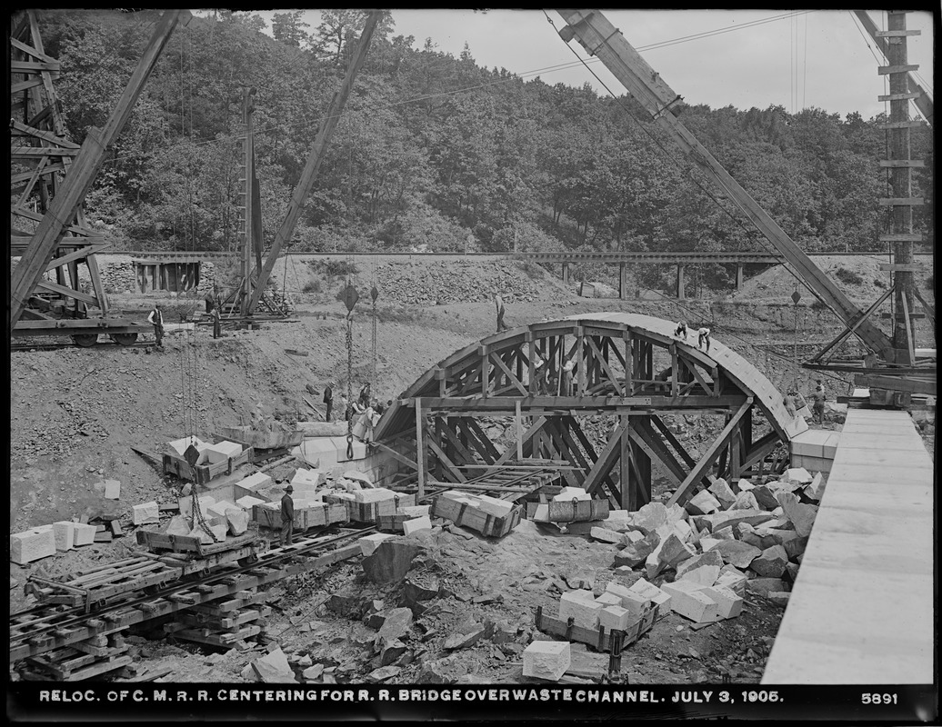 Wachusett Dam, relocation Central Massachusetts Railroad, centering for railroad bridge over waste channel, Clinton, Mass., Jul. 3, 1905