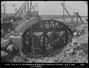 Wachusett Dam, relocation Central Massachusetts Railroad, centering for railroad bridge over waste channel, Clinton, Mass., Jul. 3, 1905