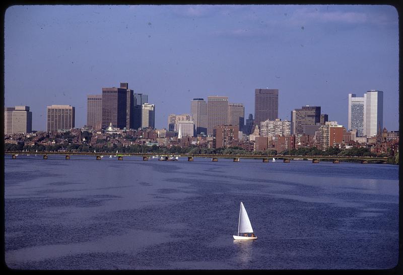Sailboat in Charles River Basin, Beacon Hill in background, Boston