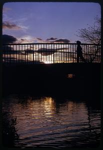 Jogger, sunset & Charles River Embankment bridge, Boston